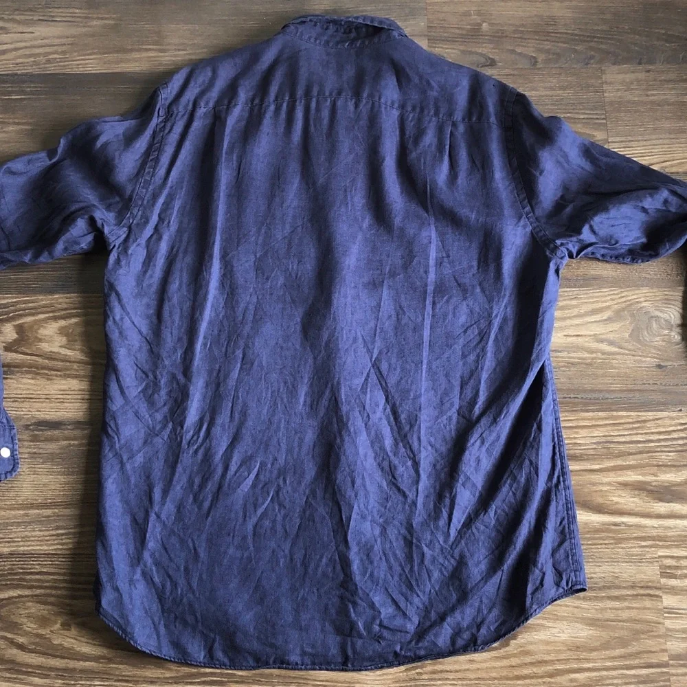 J Crew Mens 100% Linen Shirt Button Front Long Sleeve Navy Blue Large